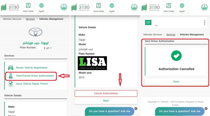 how to cancel vehicle authorization in saudi arabia