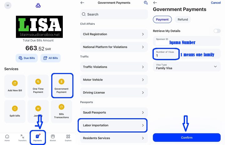payment of permanent family visa fee through Al Rajhi Bank