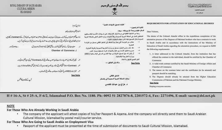 degree attestation from saudi embassy in pakistan