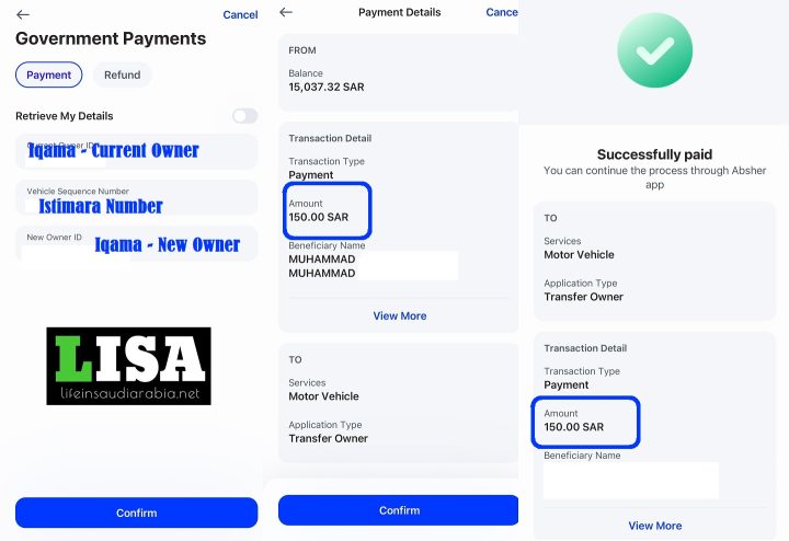 Pay Car Transfer fee in KSA