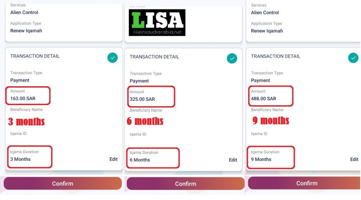 Iqama renewal fee for 3, 6, 9 months