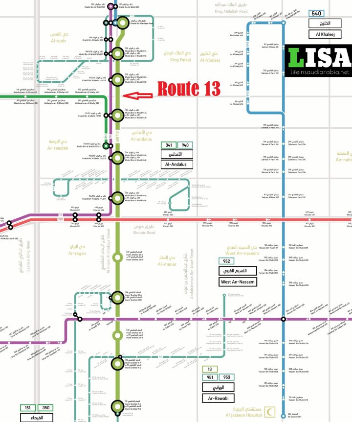 Route 13 of Riyadh Metro City Bus Map