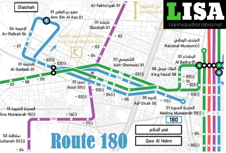 Route 180 of Riyadh Metro City Bus Map