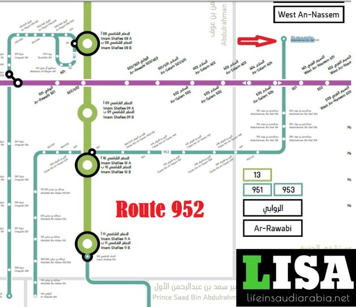 Route 952 of Riyadh Metro City Bus Map